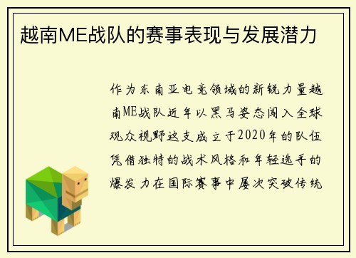 越南ME战队的赛事表现与发展潜力