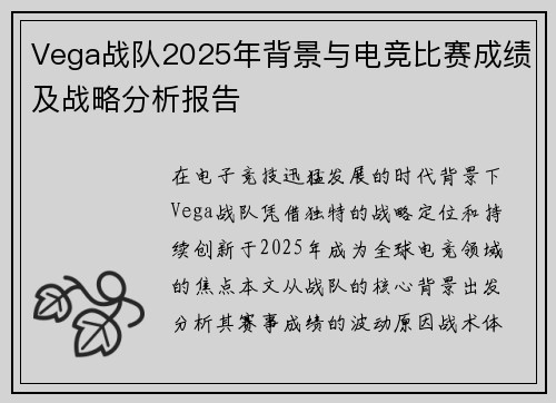 Vega战队2025年背景与电竞比赛成绩及战略分析报告