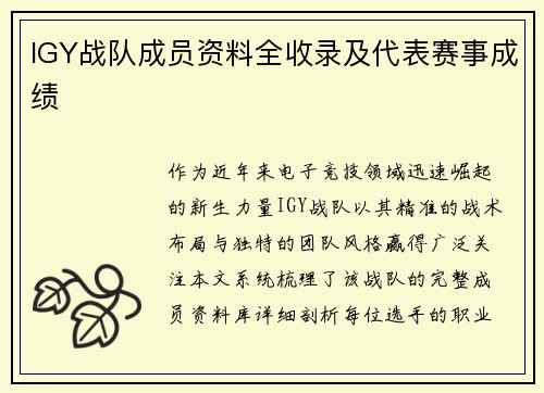 IGY战队成员资料全收录及代表赛事成绩